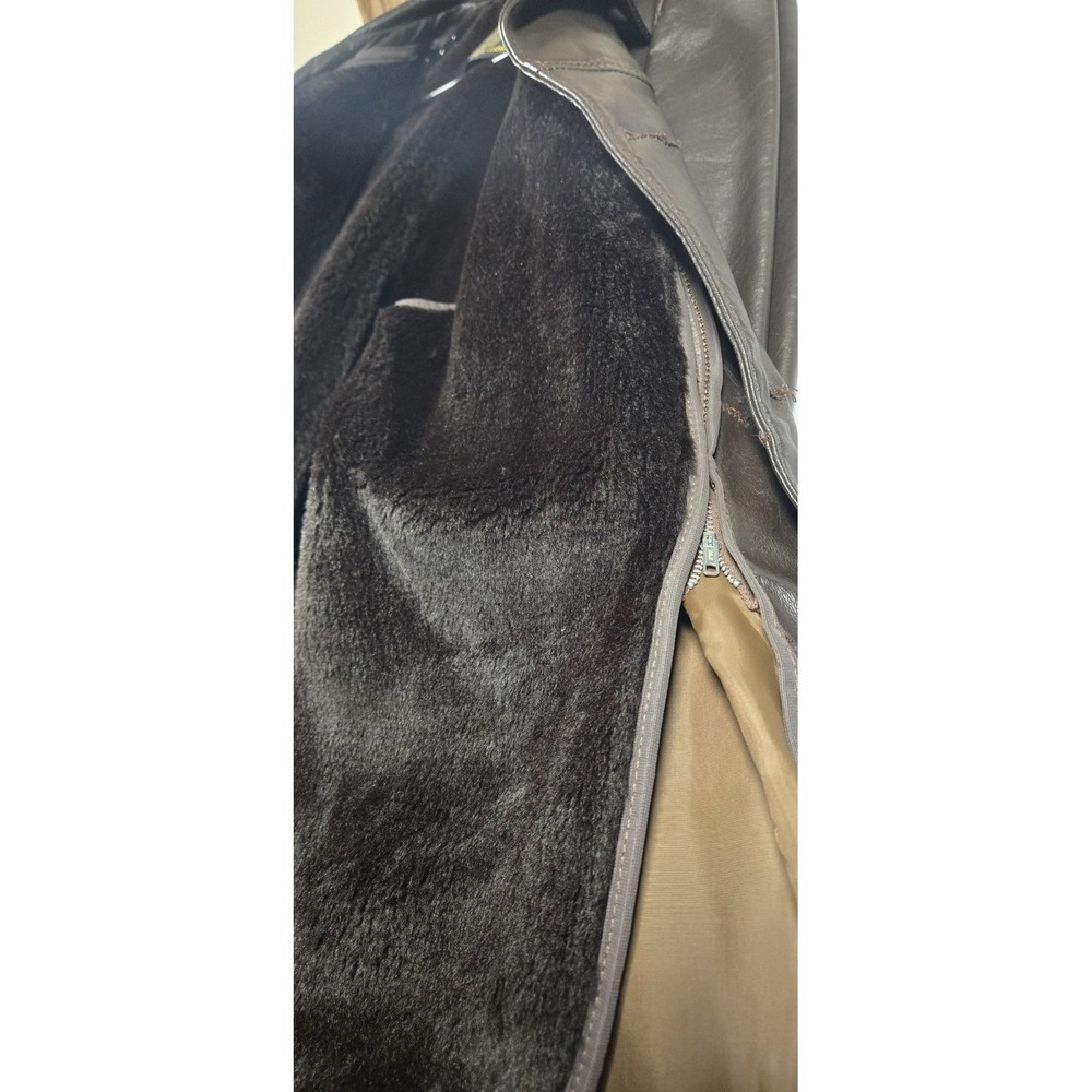 Vintage 70s Montgomery Ward MW Leather Coat 46 Tall Brown Car Coat Faux Fur Line - Picture 6 of 13